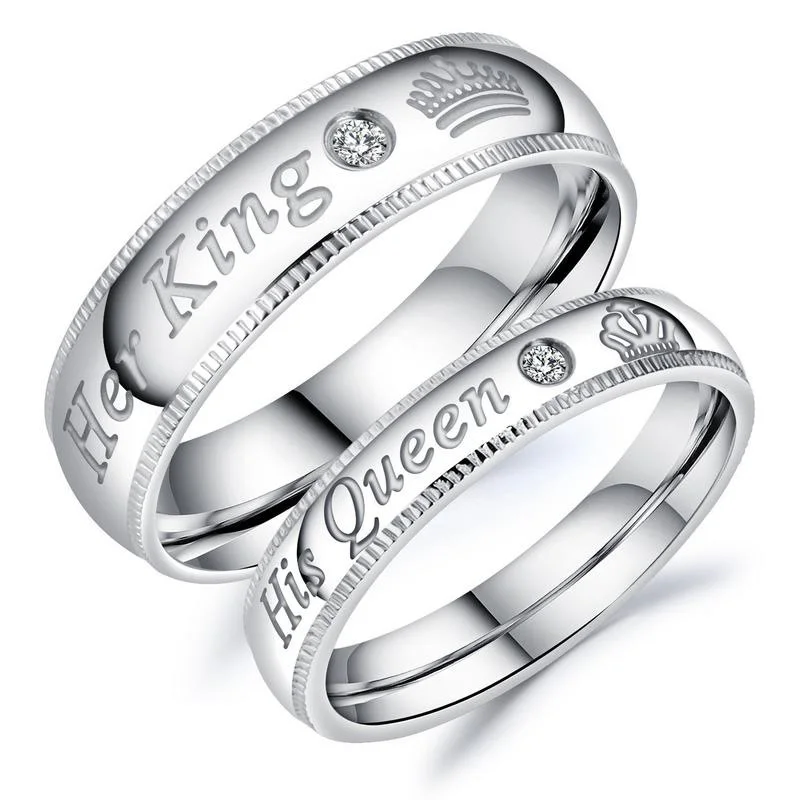 

Stainless Steel Zircon Couples Rings 'Her King His Queen' Wedding Engagement Silver Ring For Men Women Custom Engraved Jewelry