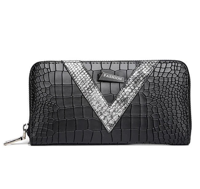 

#7051 Tax Free Myanmar made carteras new fashion design custom minimalist ladies purse crocodile PU leather women wallet, Black color, various color available