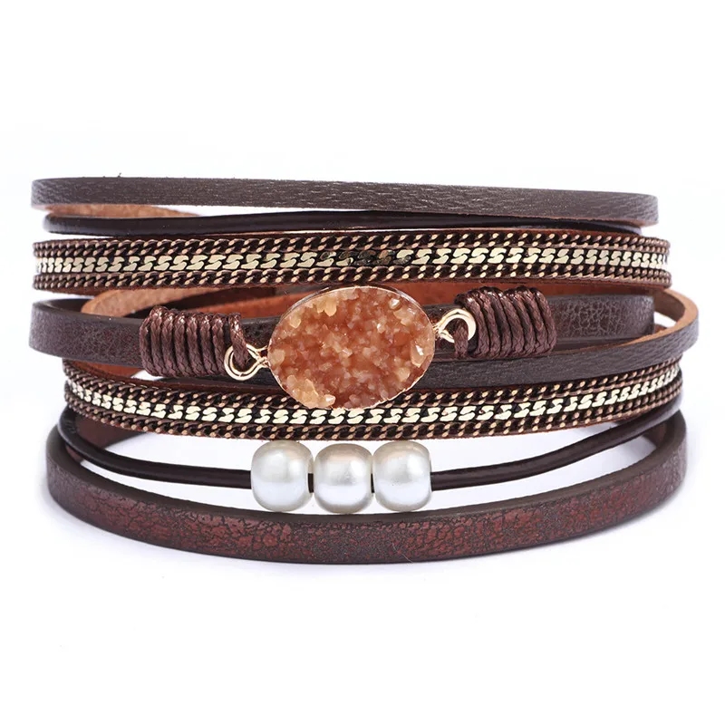 

Women multilayer leather wrap bracelet handmade wristband beads cuff bangles with magnetic buckle jewelry for Ladies Girls