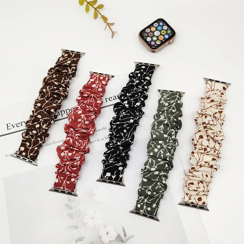 

Factory sale elastic flower print scrunchie bands for apple watch for iwatch 38mm 42mm 40mm 44mm, Five colors