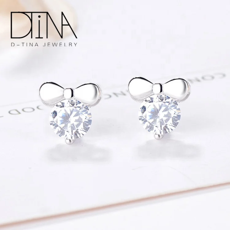 

DTINA 925 Sterling Silver Earrings Fashion Simple Crystal Bow Silver Earrings Jewelry, Silver color
