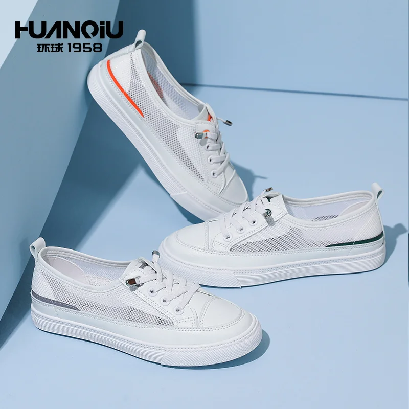 

H20291 HUANQIU Mesh Breathable Summer Rubber Lace Up White Flat Women Casual Shoes, White+orange/white+gray/white+green
