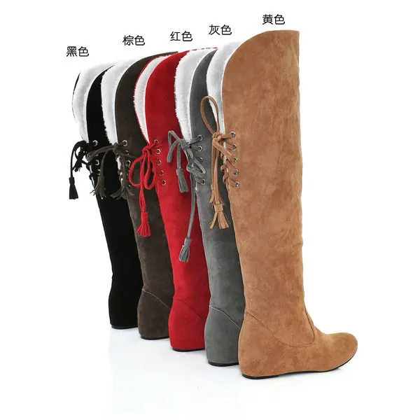 

Winter warm snow frosted flat heel high knee boots plus size women's snow fur thigh high boots
