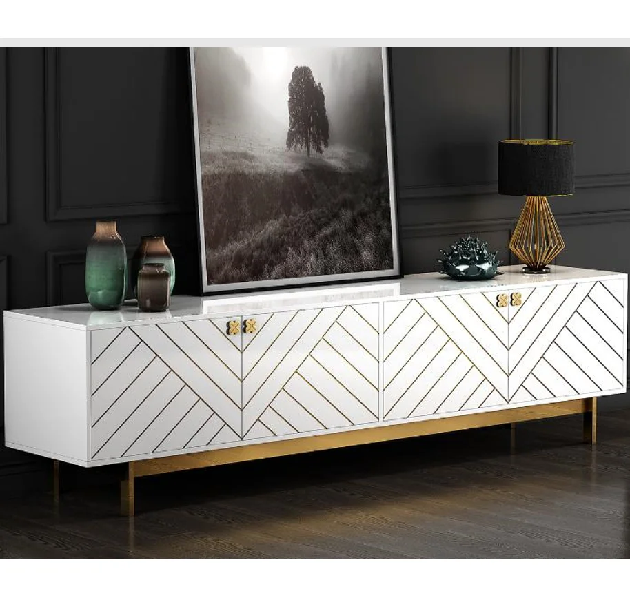 Modern Luxury Elegant White Tv Stand Table Set Gold Stainless Steel