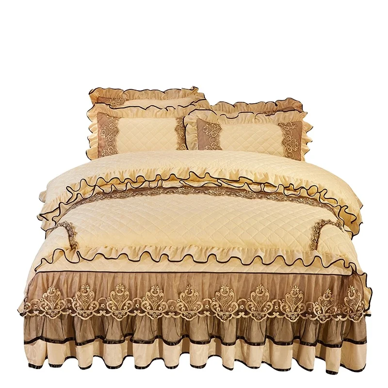 

American style beige winter velvet quilted cotton 4pcs wedding bed cover