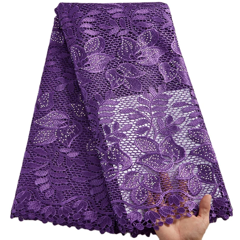 

2568 Newest Stones Guipure Lace Fabric African Purple Fabric Embroidery Flower Cord Lace For Dress Making, Shown