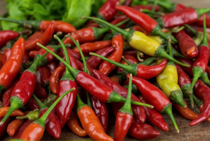 Fresh bird chiles on a wooden table