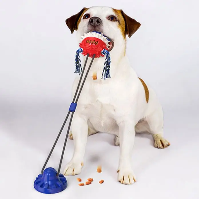 

2020 upgrade suction dog chew play toy molar bite toy pet ball interactive rope ball dog toy, Lake blue yellow blue