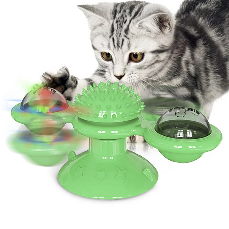 

Amazon Hot Sale Tpr Colorful Glow Cat Toy Shinny Ball Spinning Windmills Teasing Cat Interactive Toys With Mint Balls, American blue,green, yellow, lake blue, green
