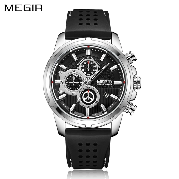 

MEGIR 2101 Men's Quartz Black Sports Watch 3atm Waterproof Silicone Wrist Watch Watches Chronograph Men, 3 colors