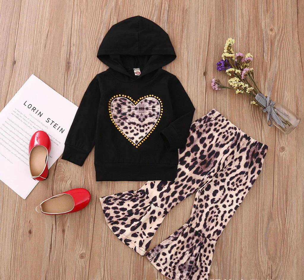 

K1181 Casual trendy baby girls' clothes cotton hoodie+leopard flared trousers outfits trendy girl clothing sets