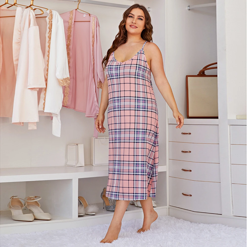 

Pink plaid print luxury women home wear backless nightgowns plus size sexy loungewear pajamas night dress sets for fat ladies