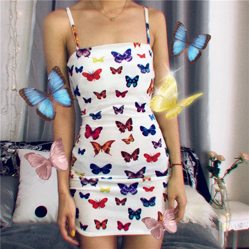 

2020 Sexy Clothing Clothes Night Club Bodycon Butterfly Print Tie Spaghetti Slip Summer Casual Dresses Lady Strap Women Dress, As the picture shows