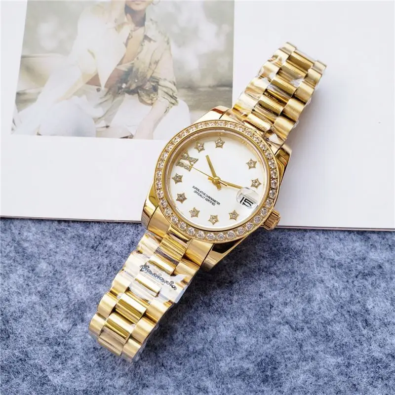 

ROL diamond gold bezel silver case white glossy dial luxury 37MM lady mechanical watch, 1color