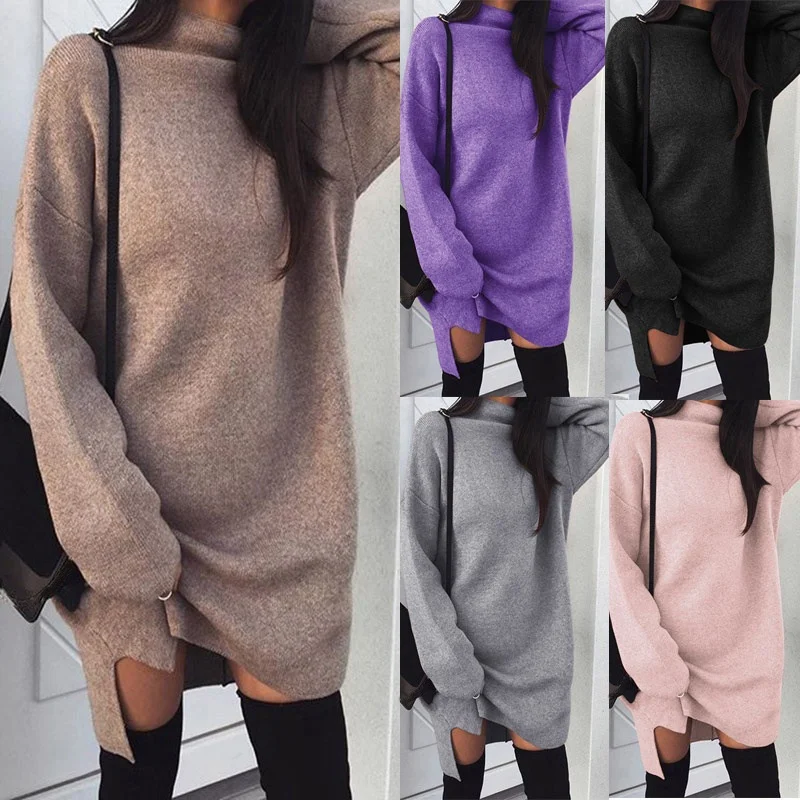 

Plus Size 2020 New Fashion Long Sweaters Front Split Half Turtleneck Knitwear Loose Casual Women's Sweater Dress Pullover
