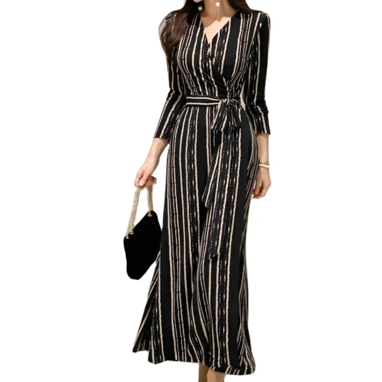 

2020 New Arrival High Quality Women Stripe Slim Fashion V Neck women Long Sleeve dresses