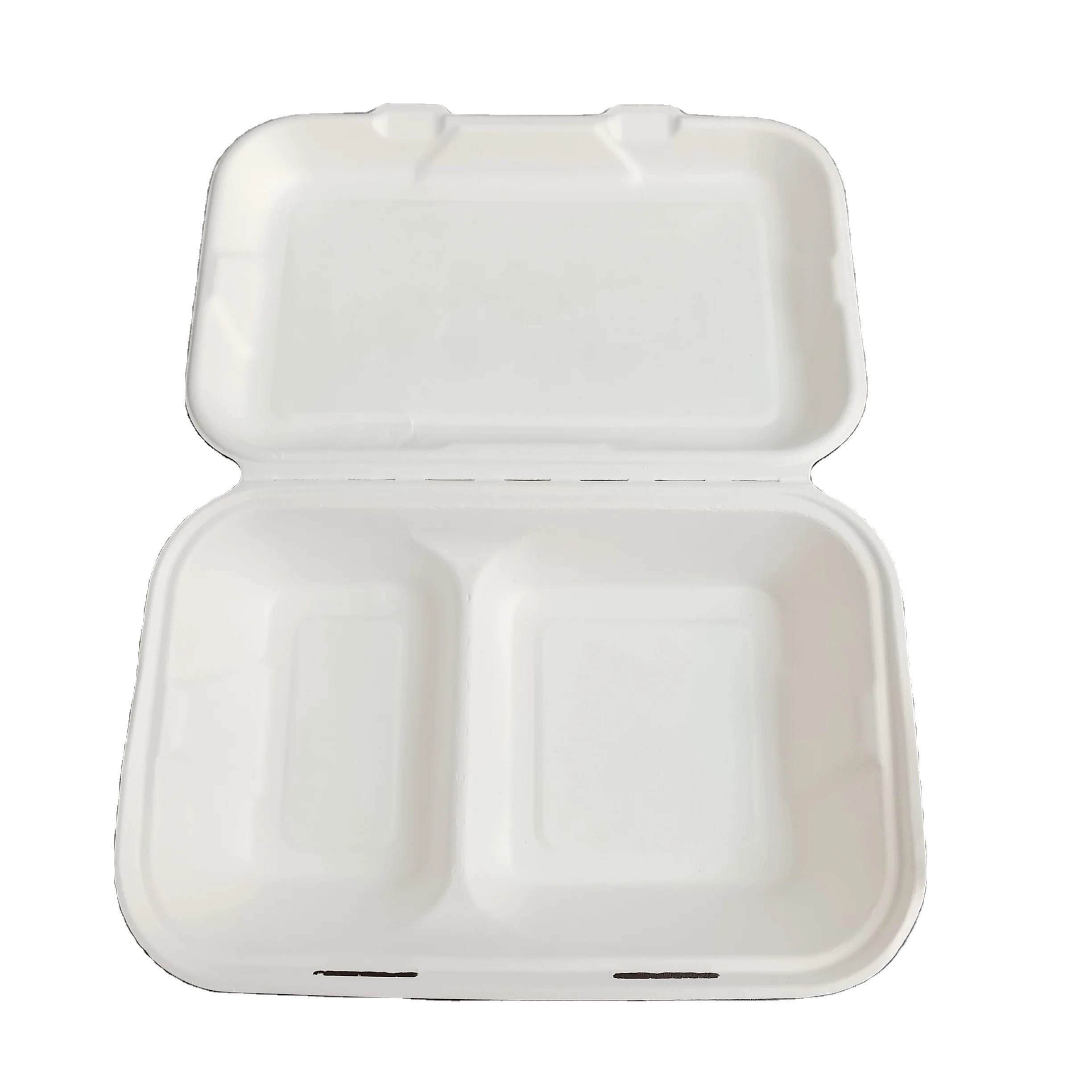 

Eco Disposable Biodegradable 9*6 Inch 2 Compartment Sugarcane Bagasse Lunch Food Clamshell Box