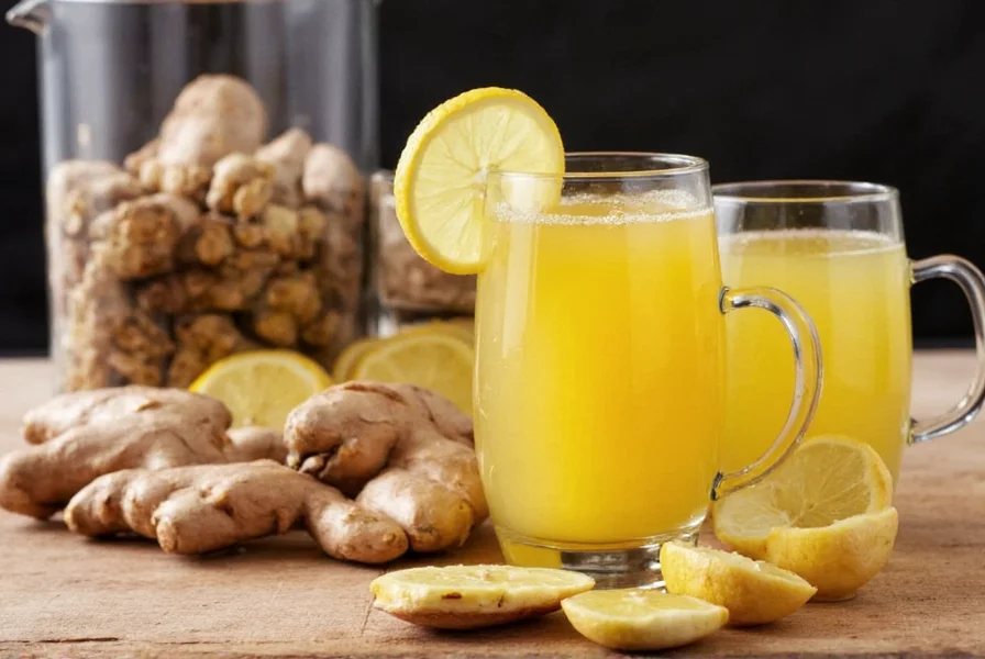 Variety of ginger drinks including tea, shots, and infused water in glass containers