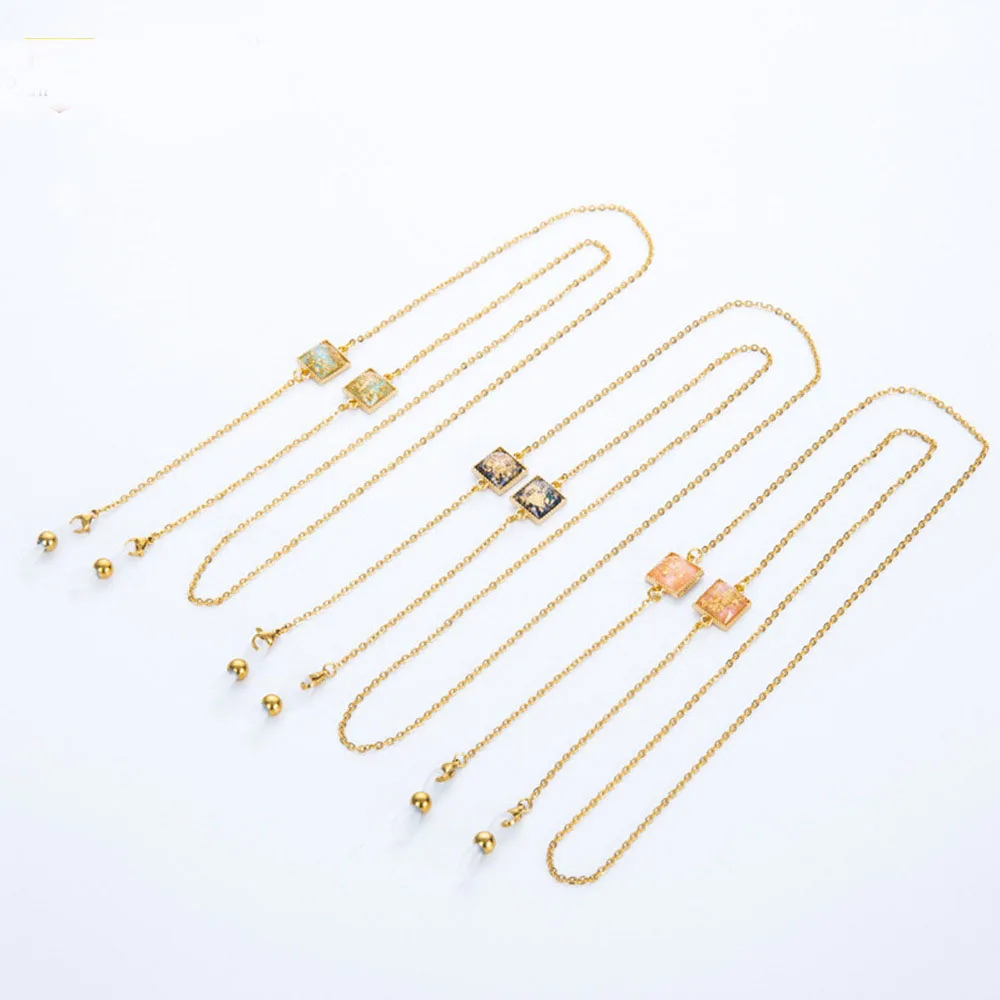 

Square Beads Stainless Steel Gold Plated Hanging Sunglasses Eyeglasses Reading Glasses Accessories Chain For Eyewear Accessories, Pink square beads,black square beads,green square beads,