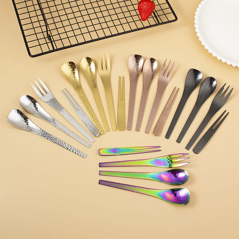 

Wholesale Japanese Hammer Design Silverware Dessert Fruit Ice Cream Coffee Stainless Steel Spoon Fork