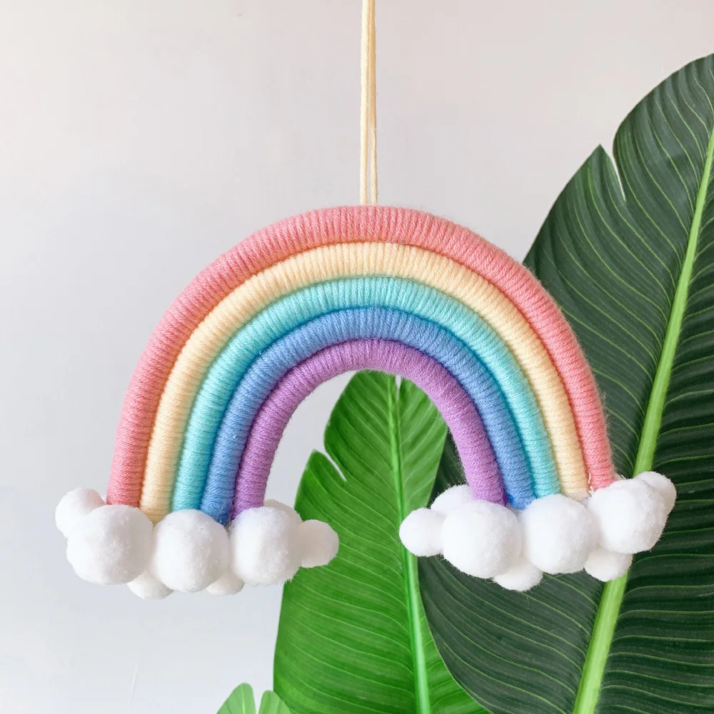 

Handmade Woven Cotton Knitted Cloud Rainbow Large, Macrame Wall Hanging., Colorful