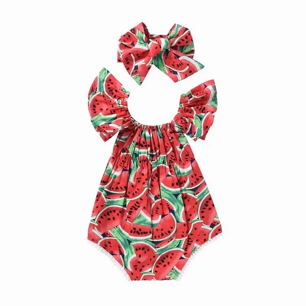 

Newborn Girl Clothes Watermelon Print Short Sleeve Round Collar Bow Headband Baby Rompers, 1 color