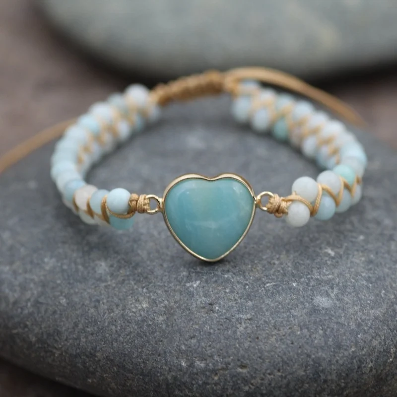 

M0034 Natural amazonite Weave string bracelet heart shape handmade bracelet beads charm bracelet women