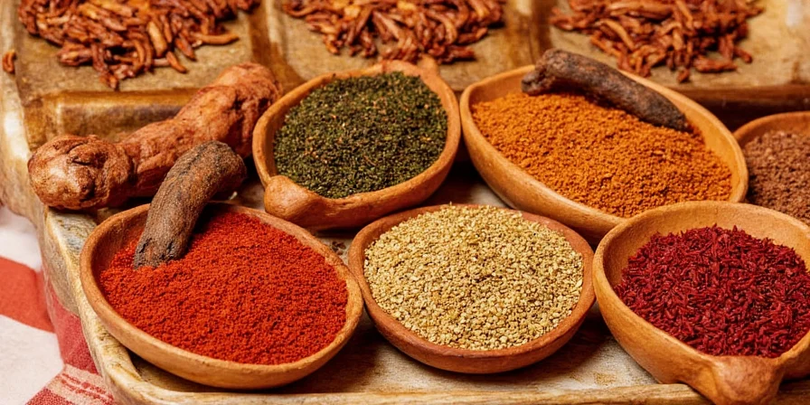 Tray of traditional Brazilian spices including dendê, malagueta, cumin, coriander, and garlic powder