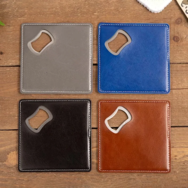 Personalized Coaster Bottle Opener Leather Beer Bottle Opener Square Engraved Beer Opener Wedding Gift