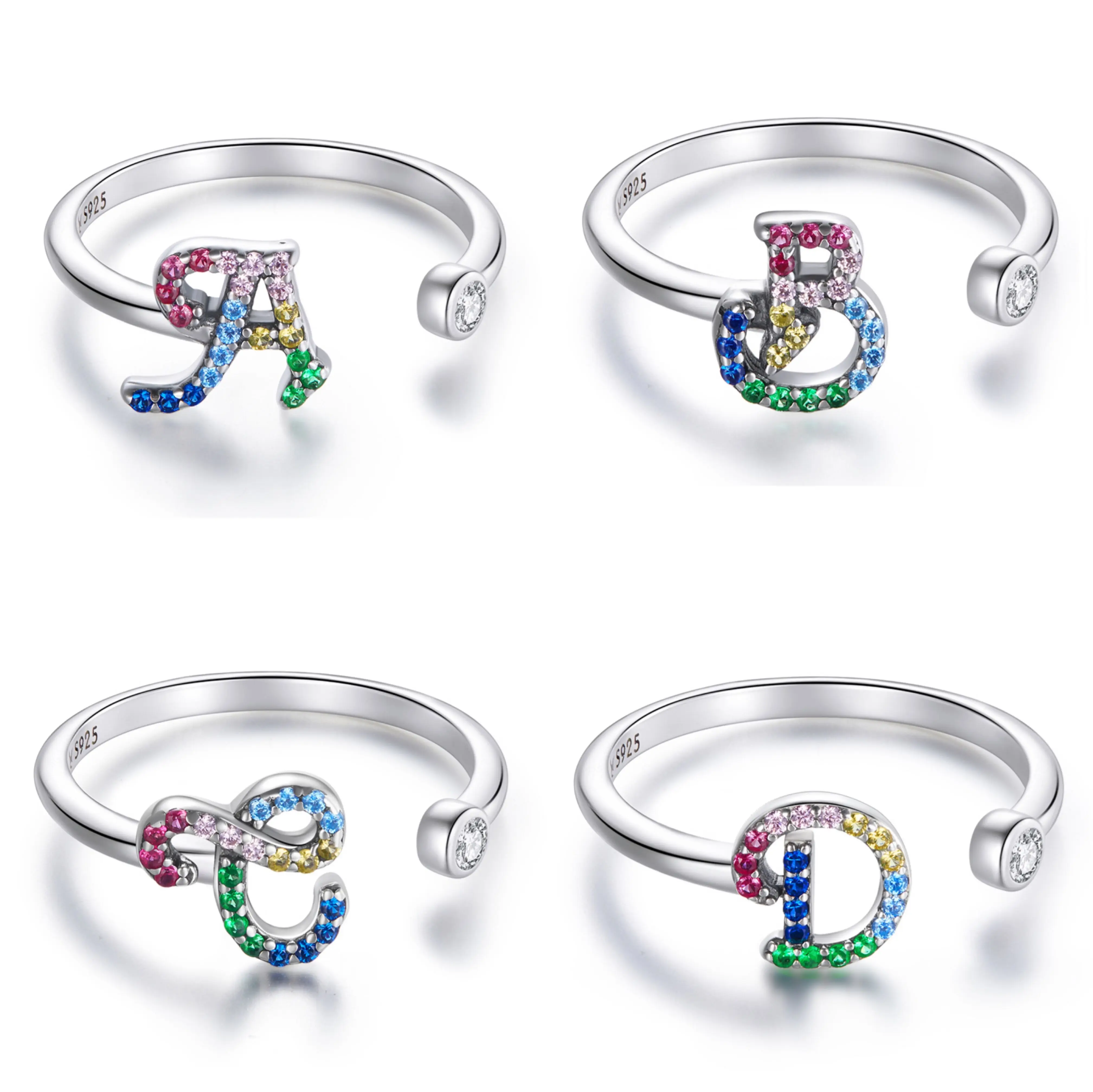 

SCR723 Rainbow gemstone letter A~Z 925 sterling silver adjustable ring