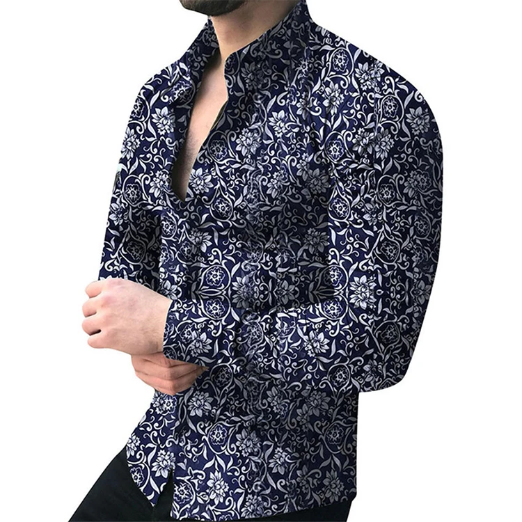 

Breathable Men Long Sleeve Floral Casual Summer Autumn Loose hawaiian printed Shirts, Custom color