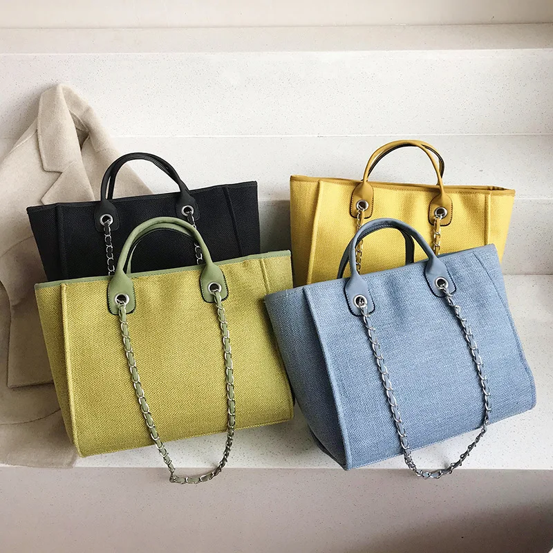 

New Fashion Solid Color Shopping Canvas Large Handbag Chains Shoulder Bags Ladies Big Capacity Women Tote Bag, As picture
