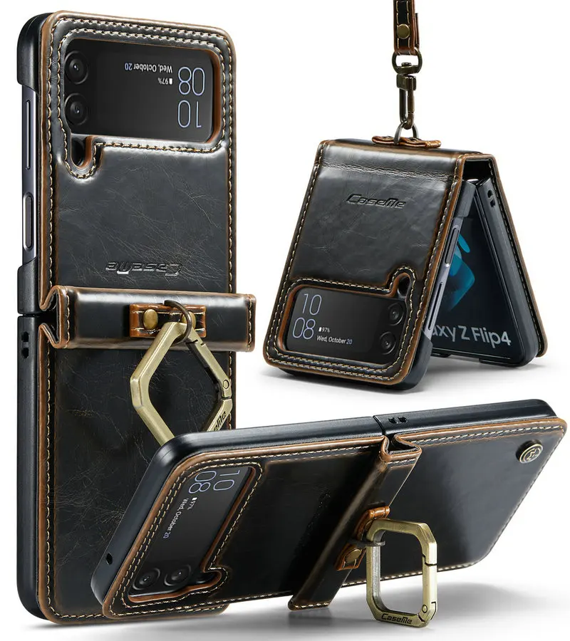 CaseMe Retro Case for Samsung Galaxy Z Flip 4 Cover With Metal Buckle Wrist Strap Leather Back Case for Samsung Z Flip 5 4 3 2