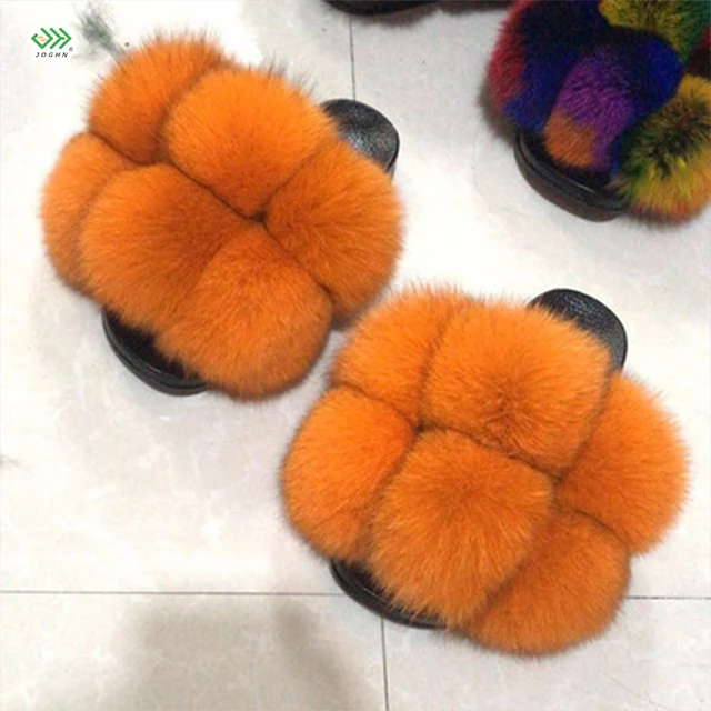 

JOGHN New more than 30 colors fur slides slippers furry fox fur slide slipper, Colorful
