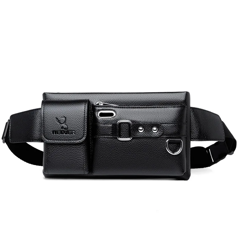 

Men's PU Leather waterproof Multi-functional belt Waist Bag with Headphone jack Crossbody Chest Bag sling bag for outdoor