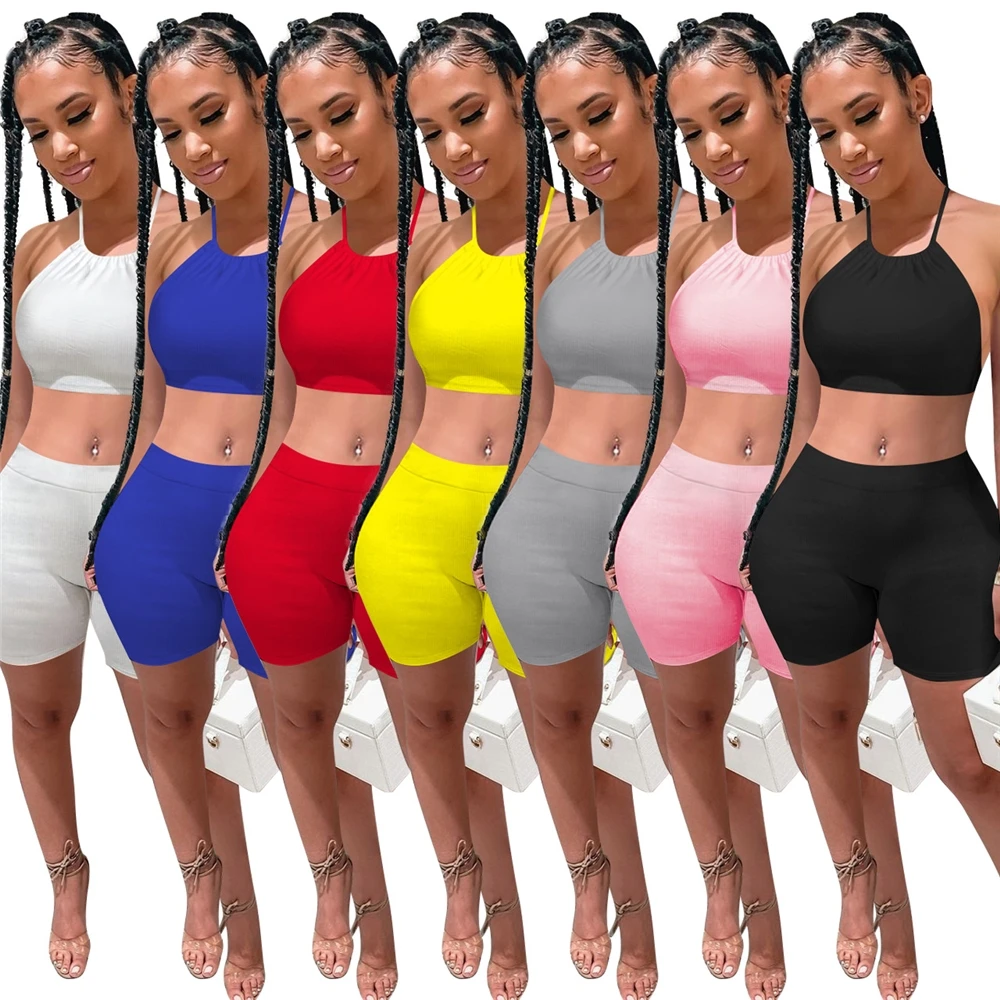 

EB-20031312 Solid Color 2 Piece Short Set Women 2021 Summer Halter Crop Top Short Pants Outfits Women Two Piece