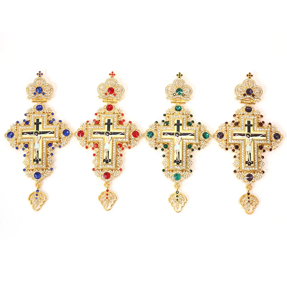 

ZD049 Greek Orthodox Ceremonies Jesus Gold Pectoral Cross Necklace with Customized Color of Glass Stones Factory Selling