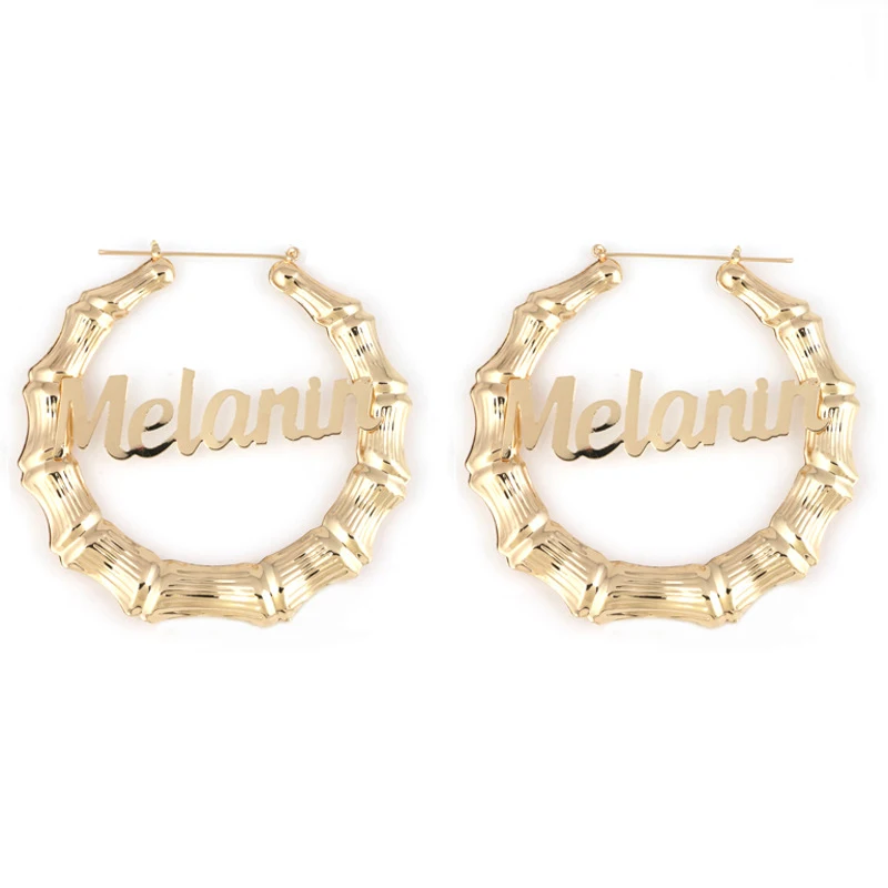 

Hot sale 2020 Personalized Letter Melanin 18k Gold 9CM Huge Bamboo Name Hoop Earrings Custom Bamboo Earrings for women, As is or customized