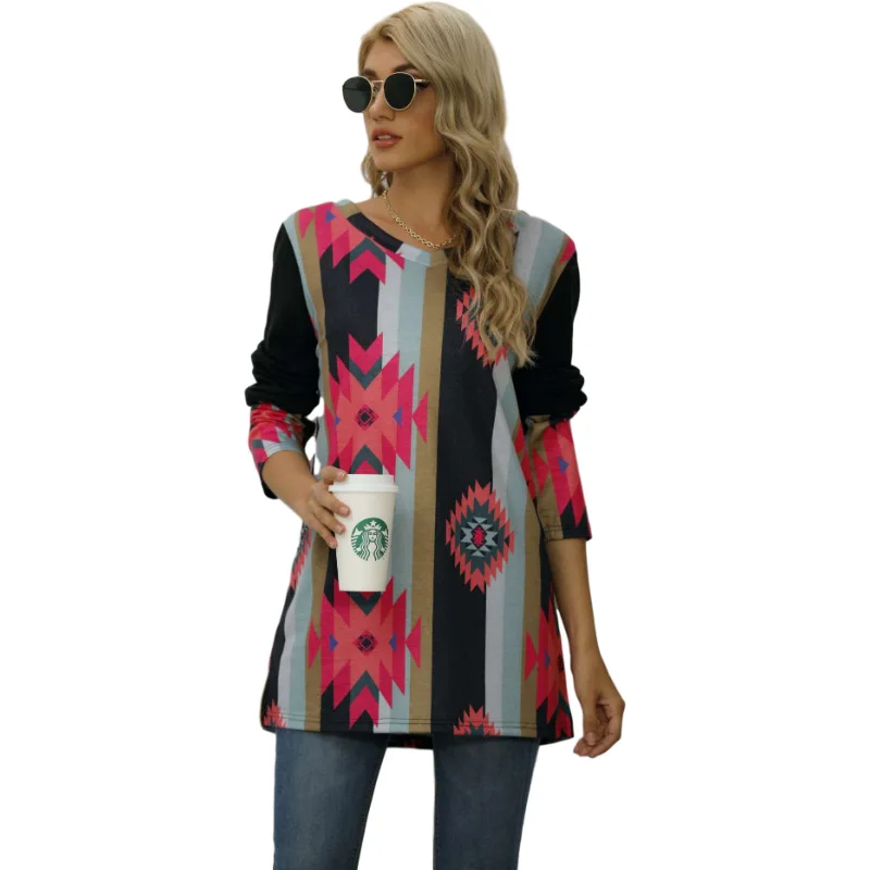 

New European and American women's printed color matching top T-shirt autumn fashion casual long sleeve clothes