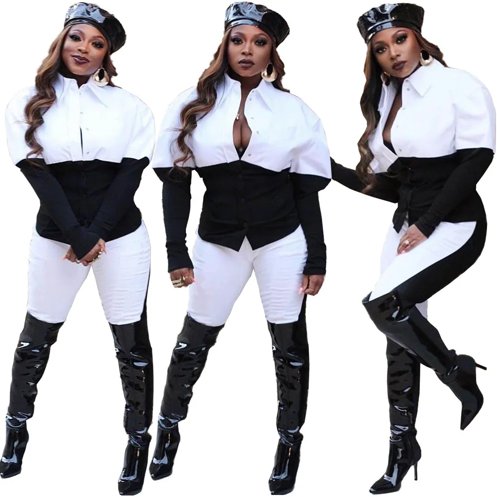 

2022 New arrival patchwork black and white leisure two piece set women Long sleeve shirt and pants matching suits