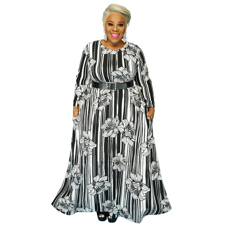

20869 cross-border European and American autumn new style, long loose, personality, large-scale printing, plus size women's dres, Black and white, black and red