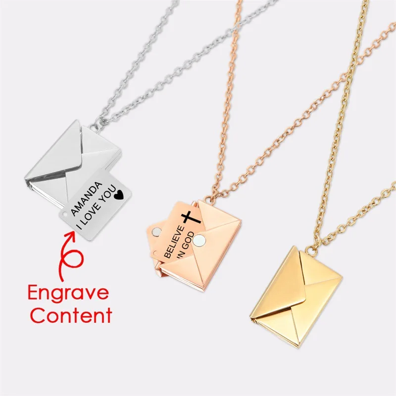 EManco Factory Direct Wholesale 'I Love You' Stainless Steel Gold Envelope Locket Pendant Necklace Classic Snake Chain