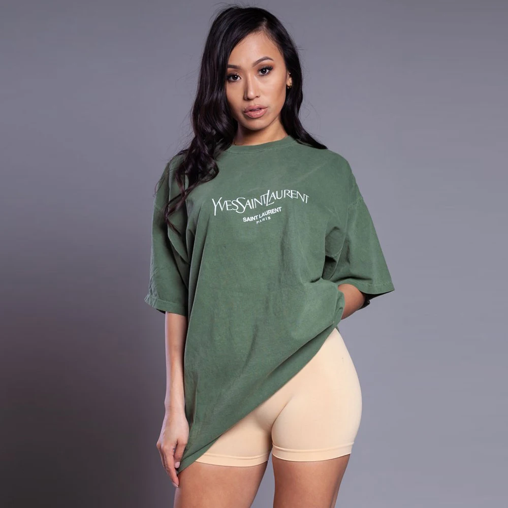 
8055 Women Cotton Fabric T-Shirts Women High Quality Long Tees Female Streetwear Casual Loose Tops Letter print tshirt Wholesale 