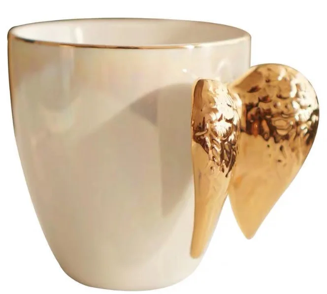 

bone china enamel Fairy Golden Angel Wings ceramic pearl glaze marble mugs 3d white mug with gold wing, Customized promotional mug