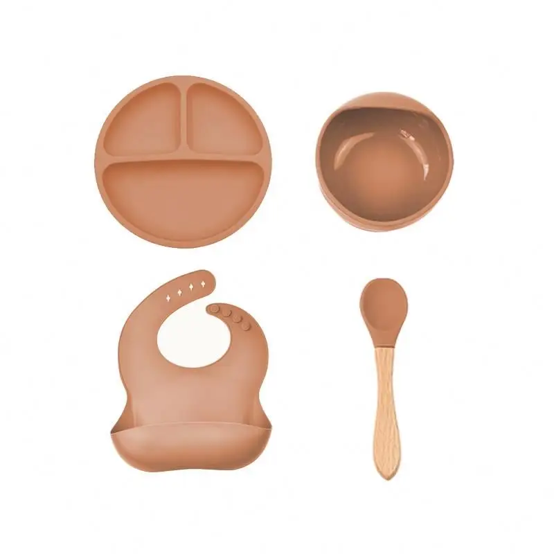 

Wholesale silicone baby feeding set silicone baby bibs waterproof and suction baby bowl set, Pink blue green gray
