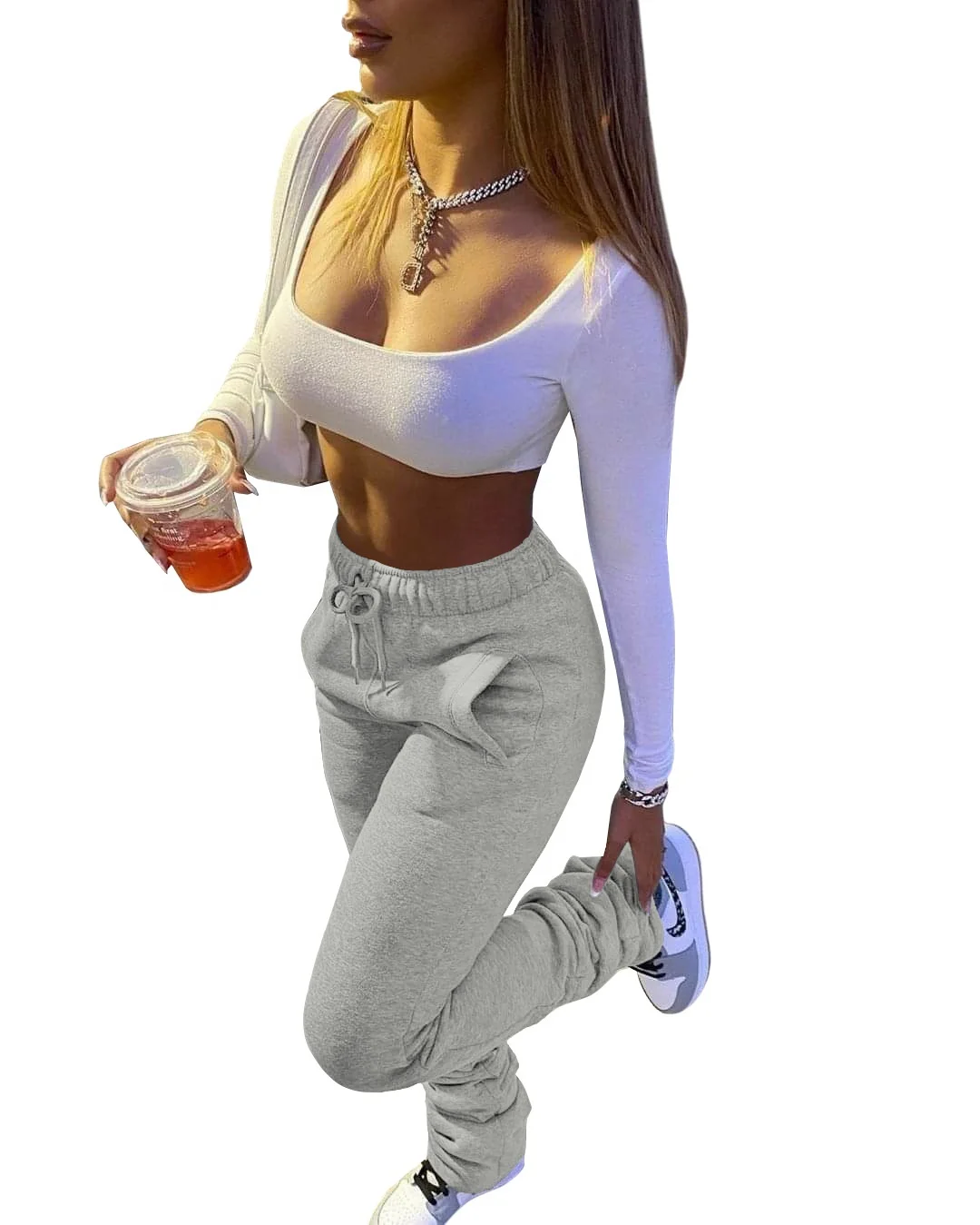 

Drop shipping Stacked Pants Sportswear Women's 2020 Fashion Solid Color Elastic High Waist Suckled Drawstring Stacked Pants, As picture
