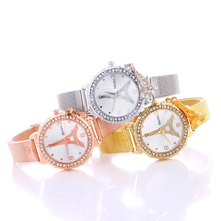

2021 wholesale Luxury Fashion Quartz mesh Stainless steel ladies Eiffel Tower Wrist watches for women, Picture