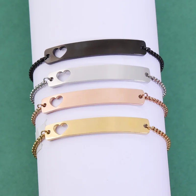 

New Hot Sell Jewelry DIY Curved Hollow Heart Shape Stainless Steel Women Bracelet Bangles Engrave Name Bar Box Chain Bracelet, Rose gold/gold/steel/rainbow/black