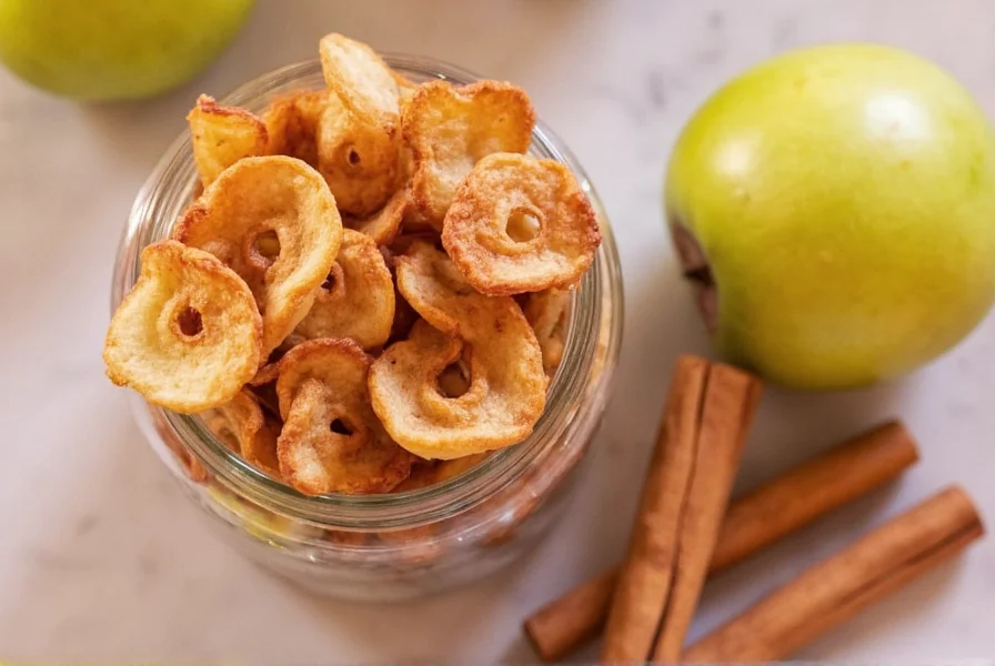 Homemade cinnamon apple chips arranged in a glass jar with fresh apples and cinnamon sticks