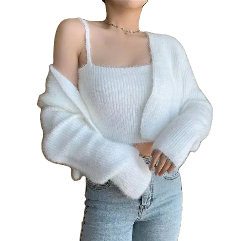 

Autumn Mohair cardigan sweater women's sweet wind inside with bra design lazy wind short two piece set